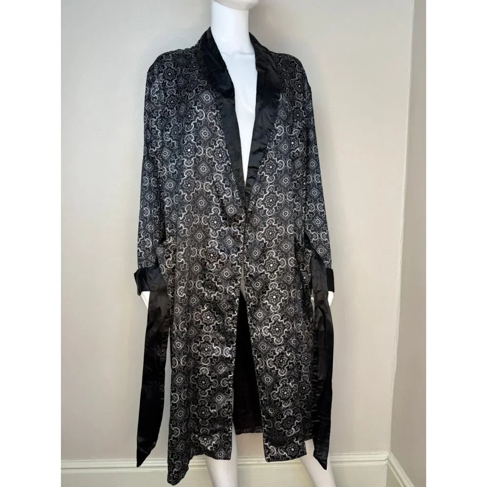 Vintage 1960s Men’s Black Medallion Print Robe Smoking Jacket, Sears Size Medium